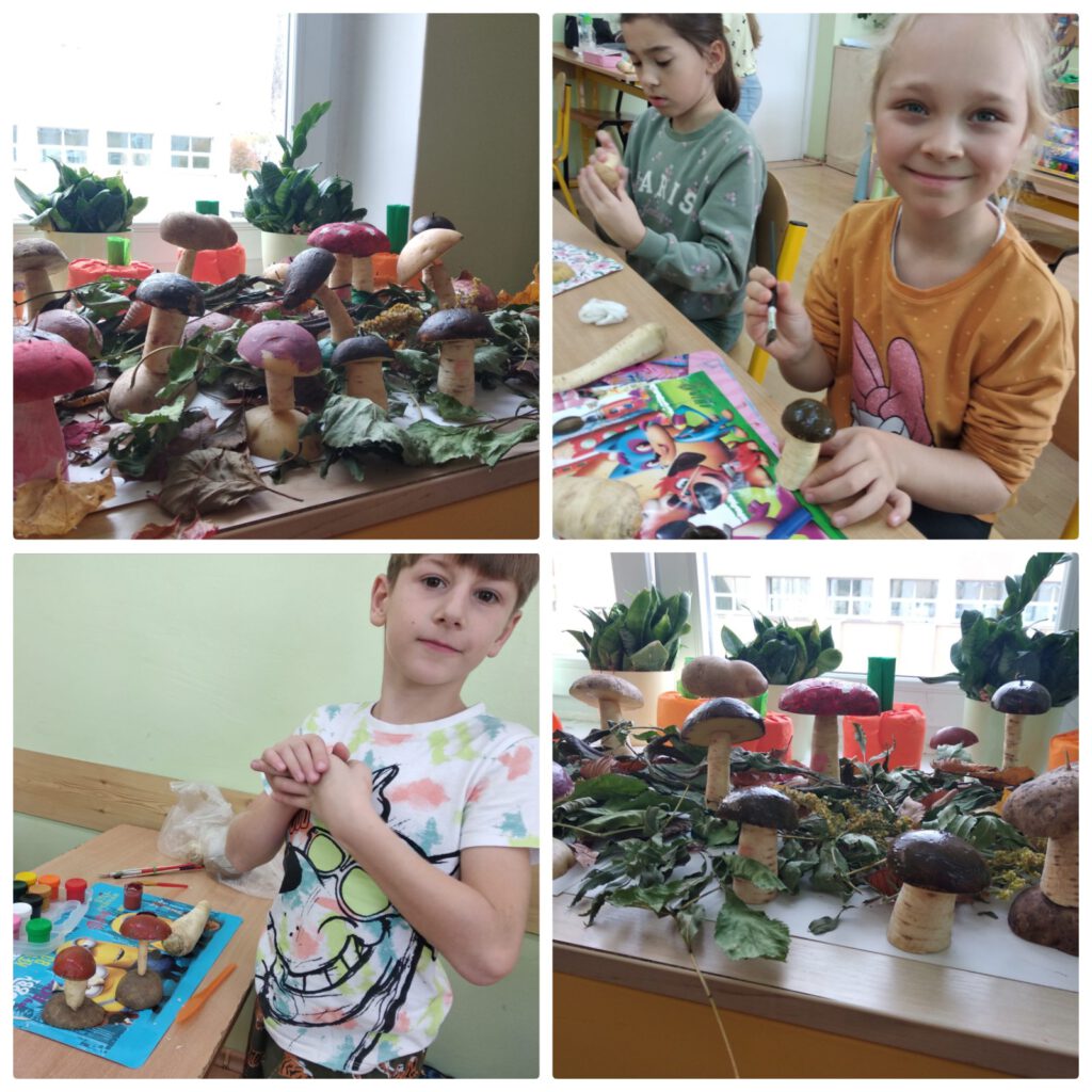 Grzybobranie - uczniowie za pomocą warzyw i owoców przygotowują dekoracje jesienne - piękne grzyby