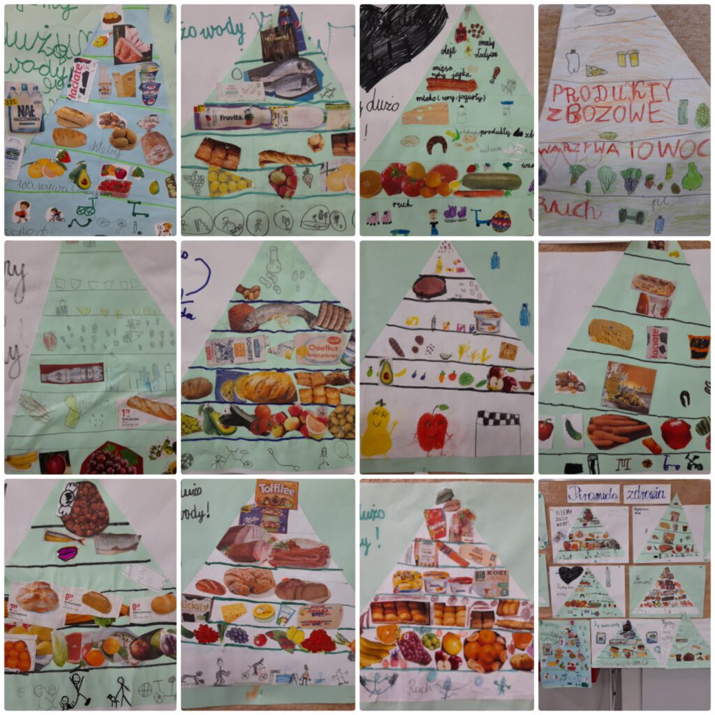 Uczniowie w dwuosobowych zespołach przygotowali Piramidy Zdrowego Żywienia i Stylu Życia - prace zostały wywieszone na korytarzu szkolnym