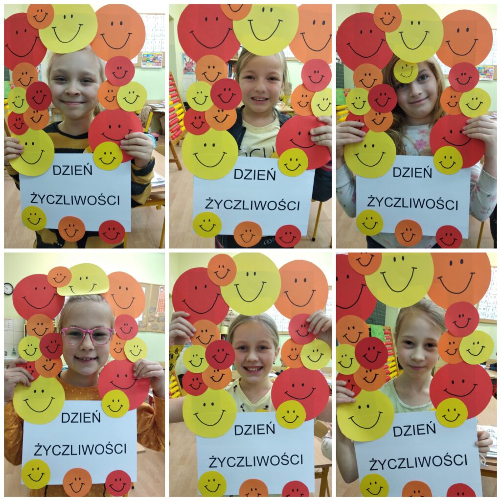 uśmiechnięte dzieci pozują do kolorowych zdjęć z okazji Dnia Życzliwości