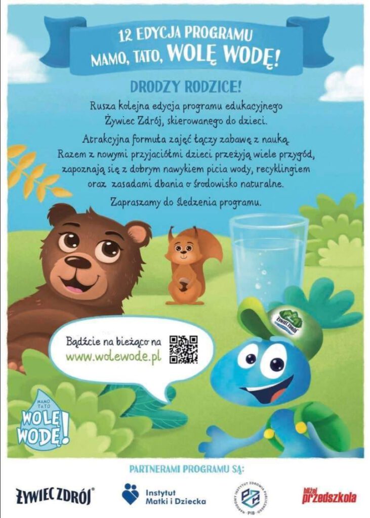 Plakat promujący program Mamo tato wolę wodę, przedstawiający misia, wiewiórkę i szklankę wody oraz krótki opis programu.