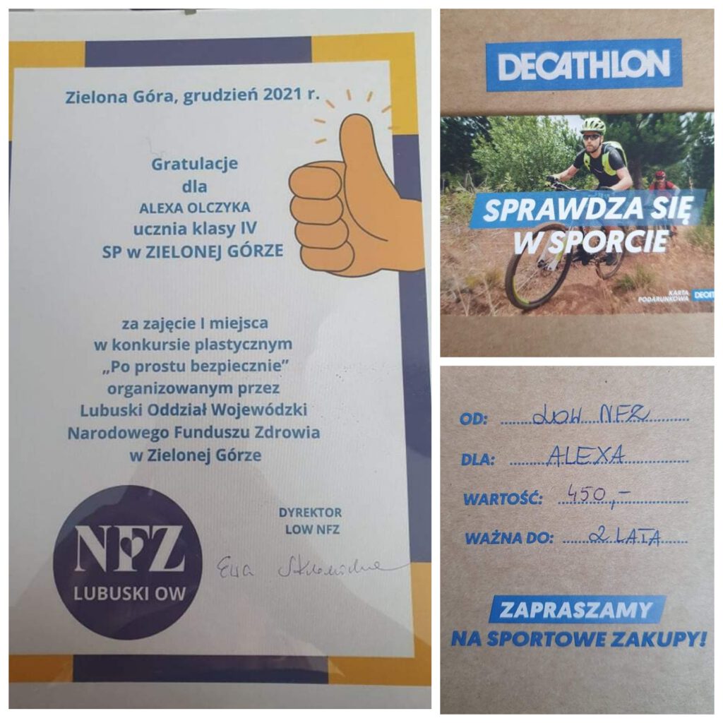 Dyplom dla ucznia SP21 za zajęcie 1 miejsca w konkursie NFZ „Po prostu bezpiecznie”.