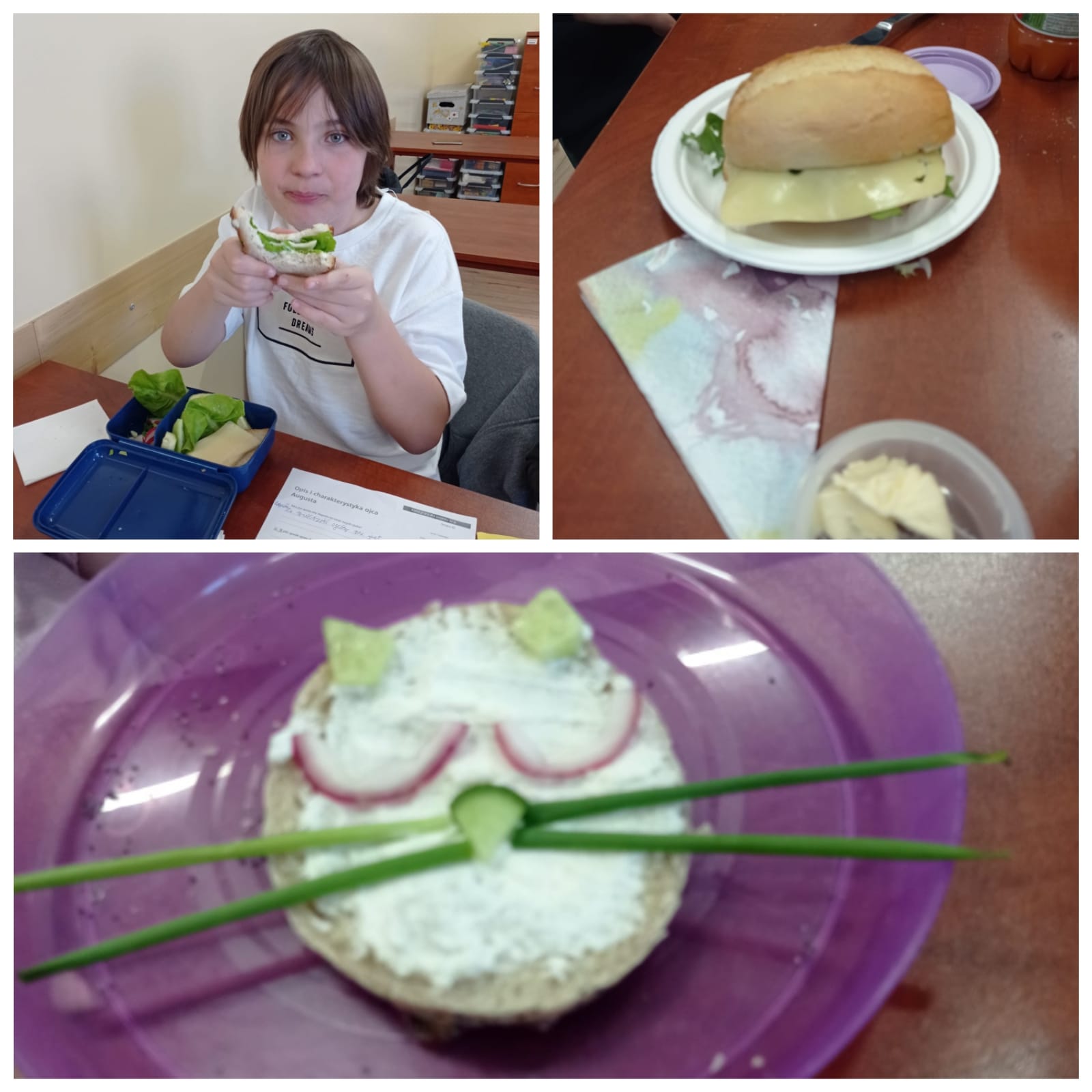 Uśmiechnięci uczniowie prezentują swoje śniadaniówki ze zdrową żywnością - kolorowe kanapki