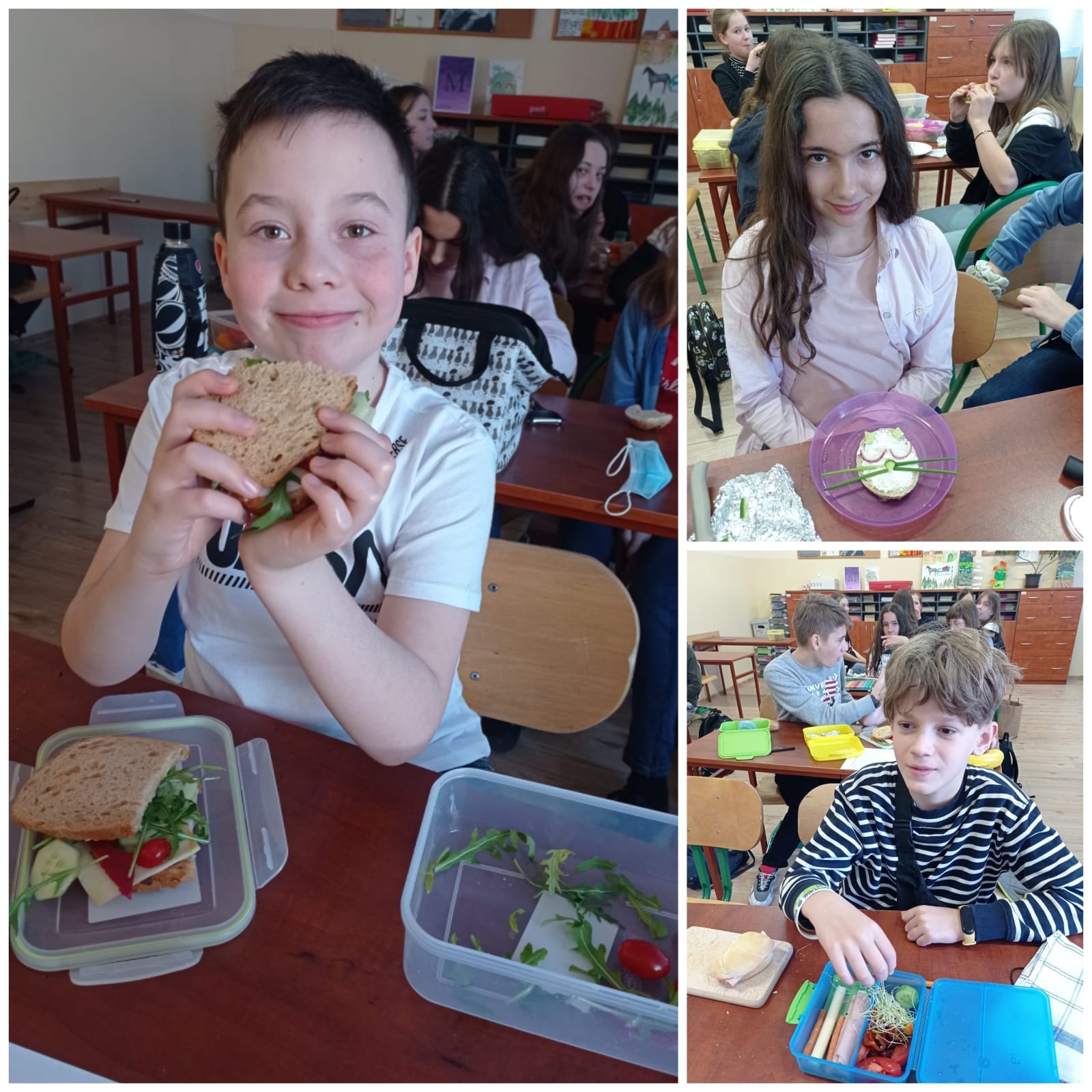 Uśmiechnięci uczniowie prezentują swoje śniadaniówki ze zdrową żywnością - kolorowe kanapki