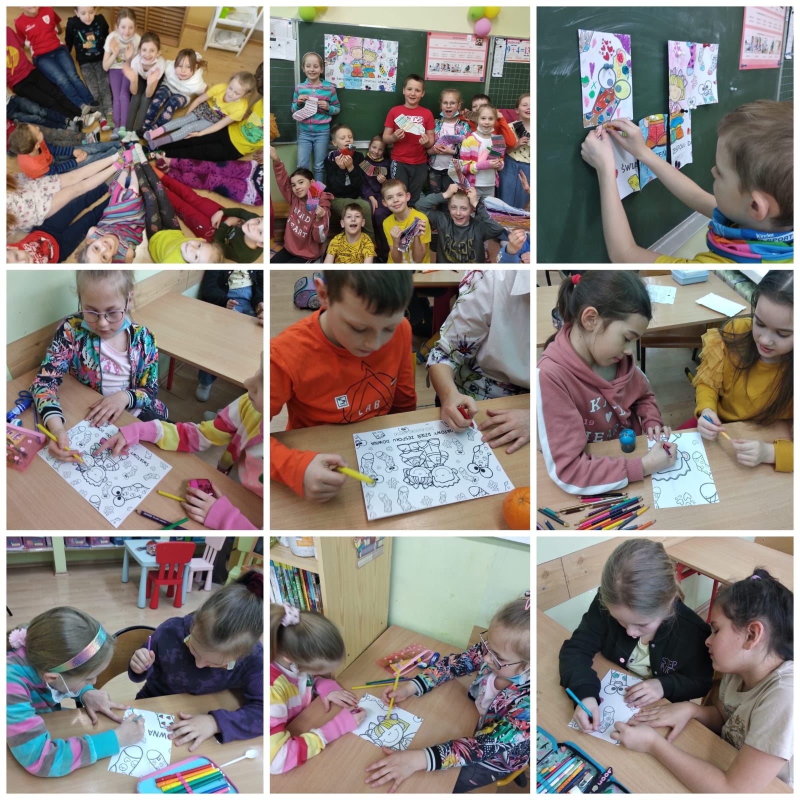 Uczniowie wykonują kolorowe skarpetki