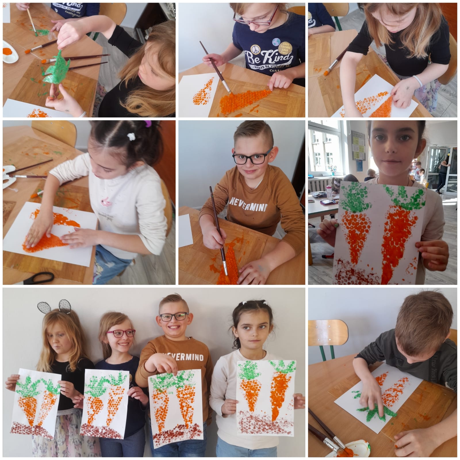 Dzieci malują marchewki i pokazują swoje prace