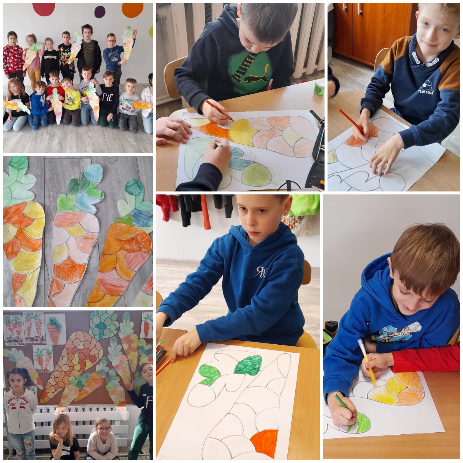 Dzieci malują marchewki i pokazują swoje prace