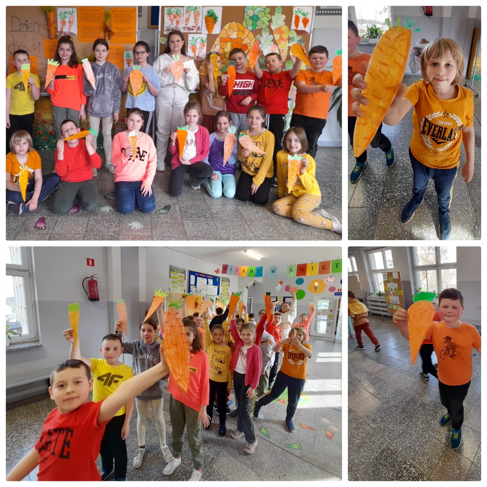 Dzieci pokazują kartonowe marchewki zrobione przez siebie