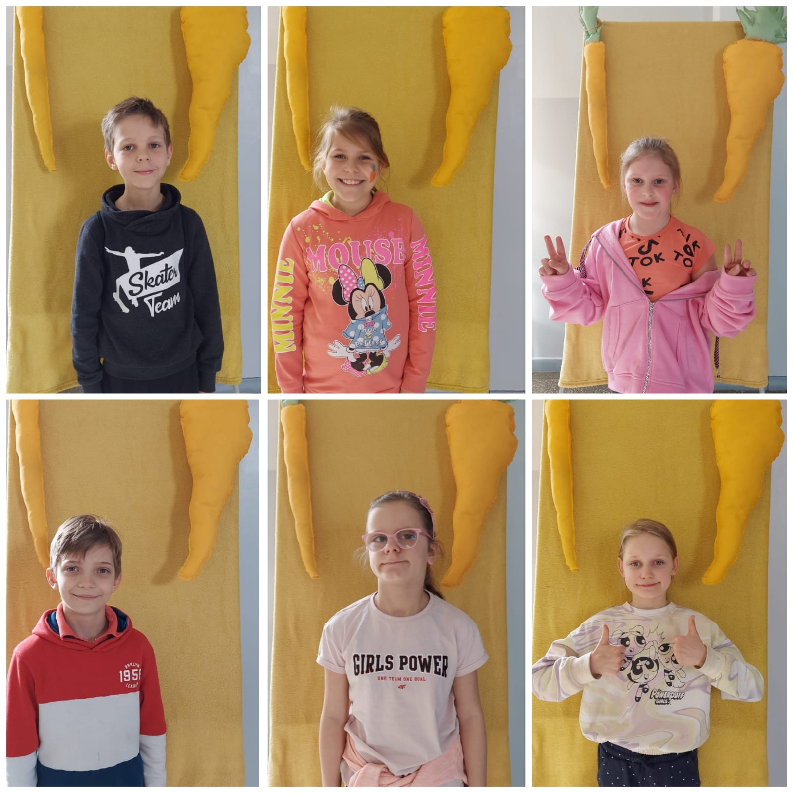 Portrety dzieci na tle marchewek