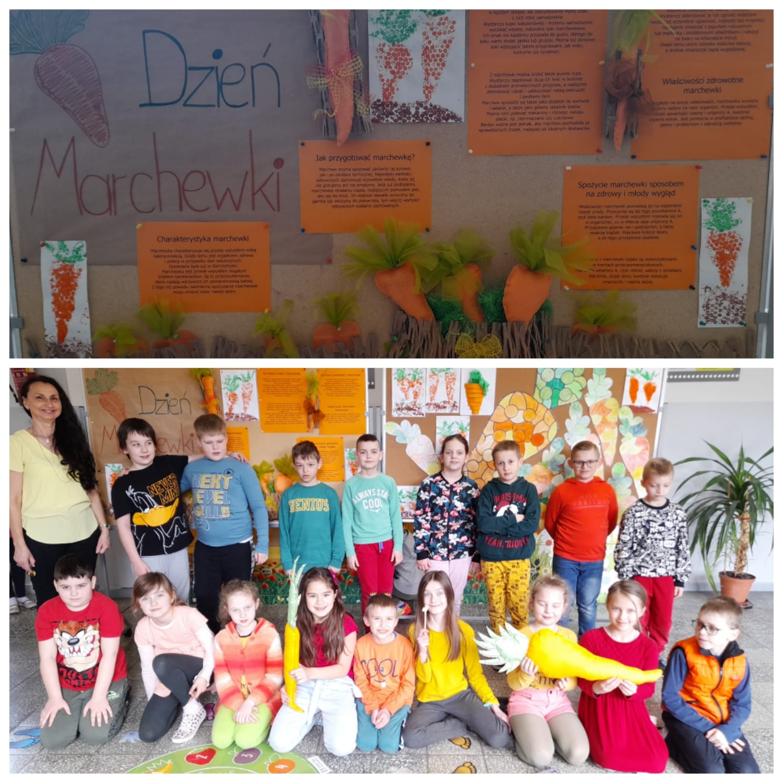 Dzieci pokazują wykonane przez siebie kartonowe marchewki
