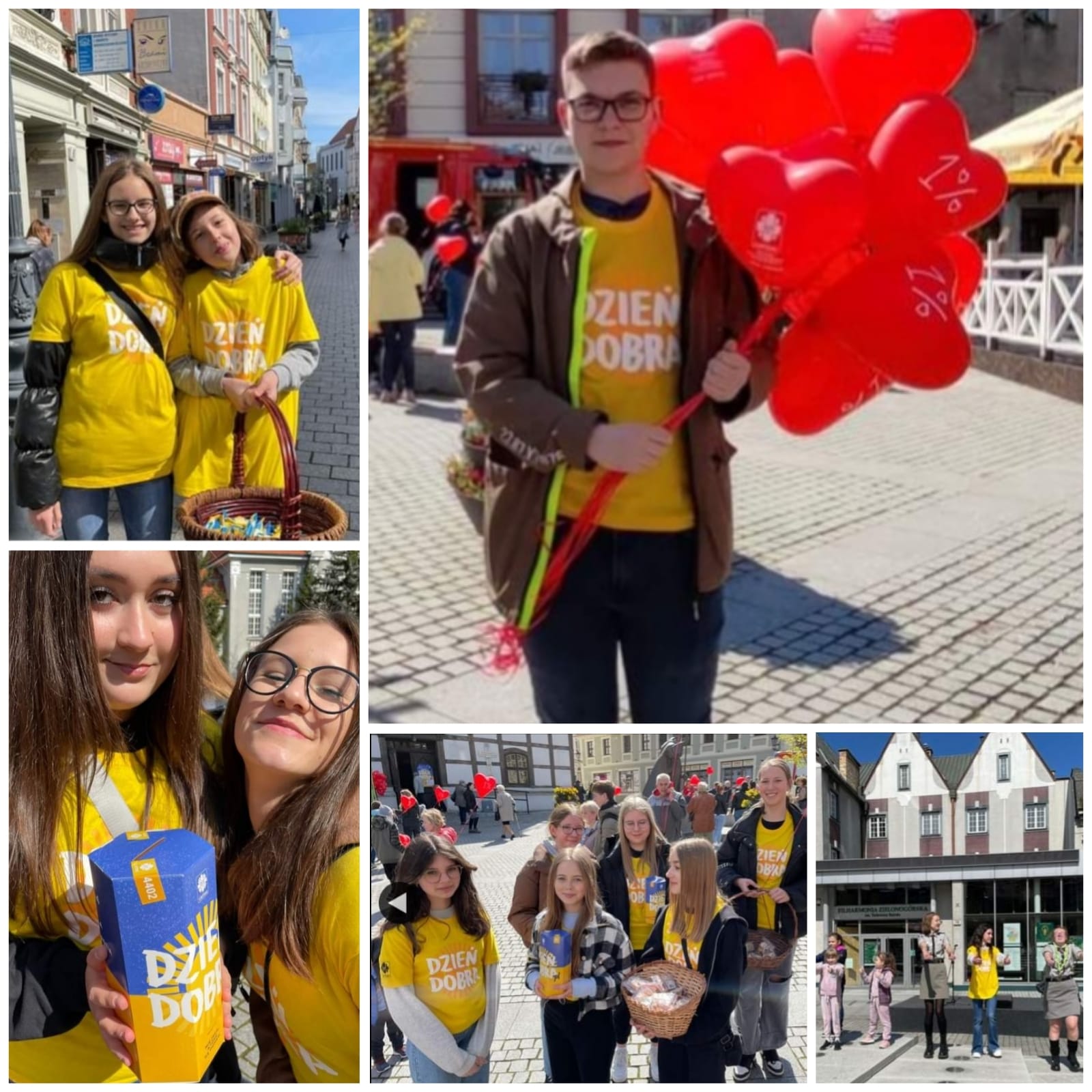 Wolontariusze prowadzą zbiórkę na rzecz uchodźców z Ukrainy. Ubrani w żółte koszulki z napisem Dzień Dobra, w rękach trzymają czerwone balony