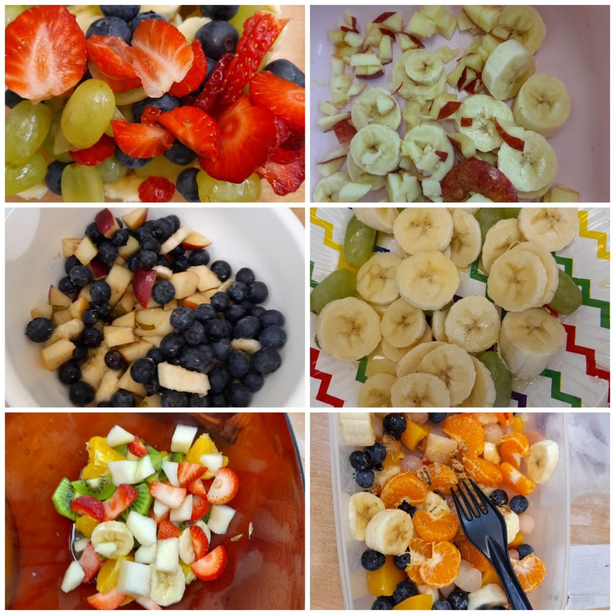 Zdjęcia kolorowych sałatek owocowych przygotowanych przez dzieci, banany, kiwi, truskawki