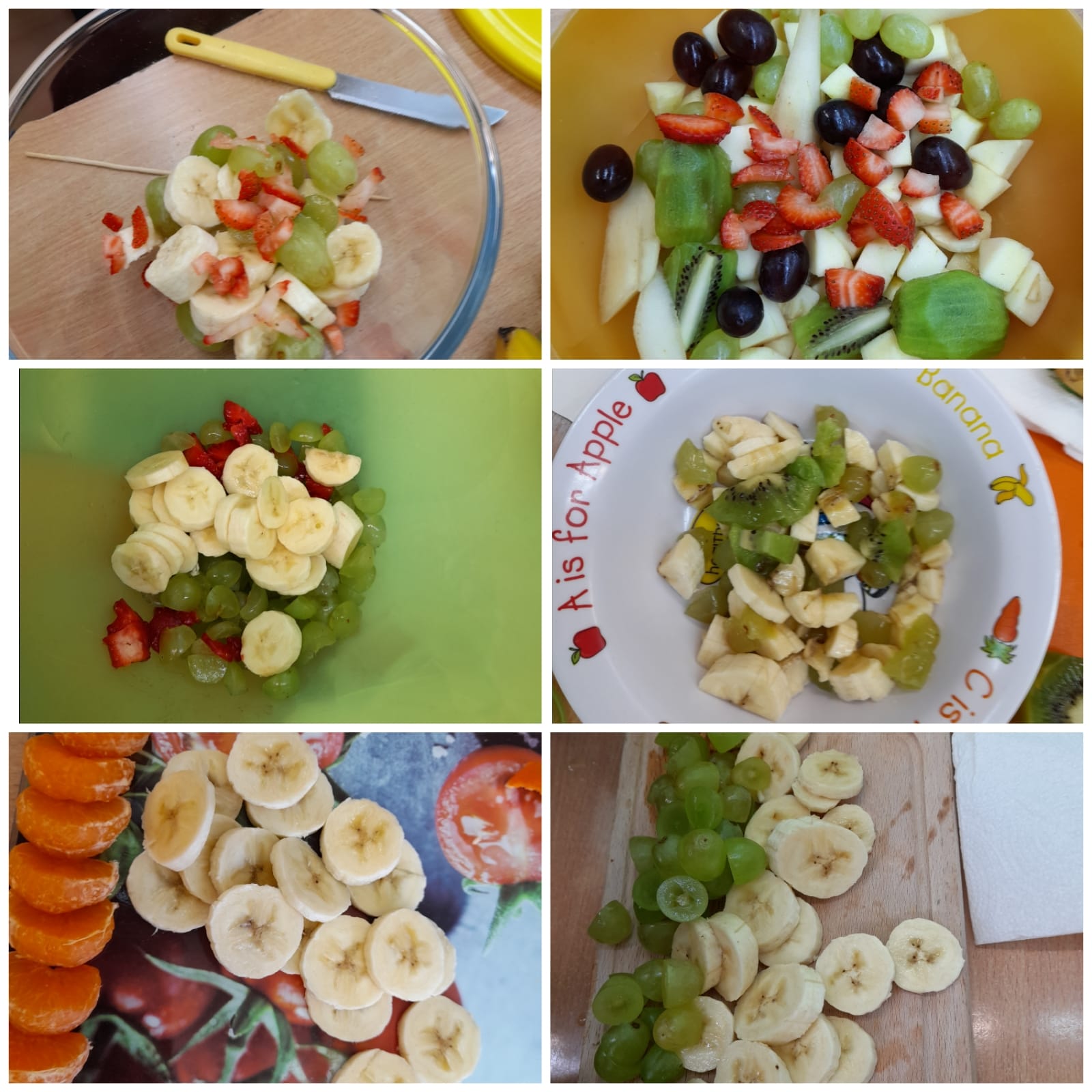 Zdjęcia kolorowych sałatek owocowych przygotowanych przez dzieci, banany, kiwi, truskawki