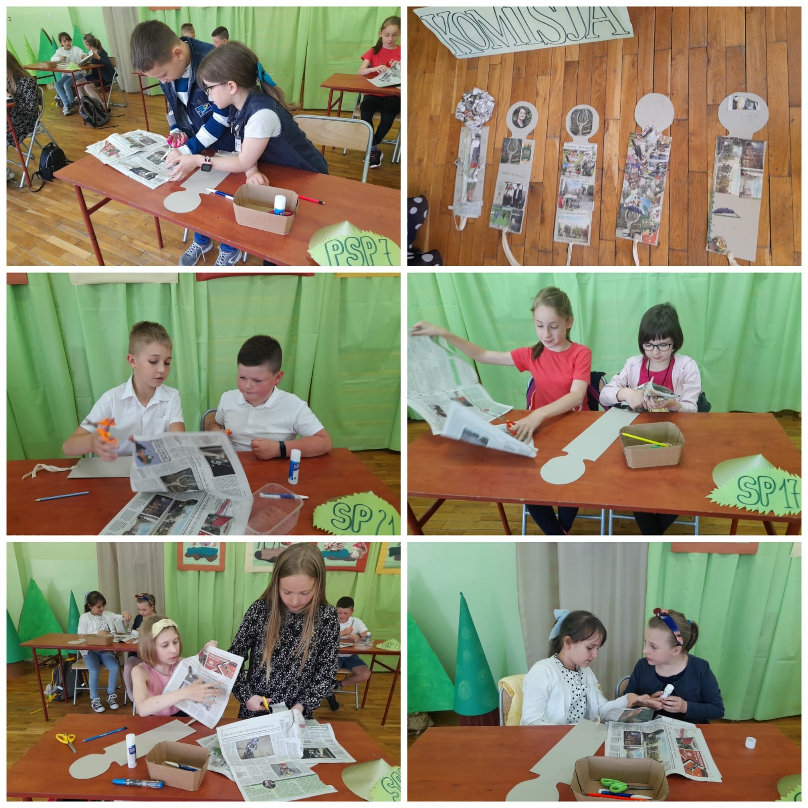 Uczniowie przygotowują prace konkursowe, wycinanki z gazet