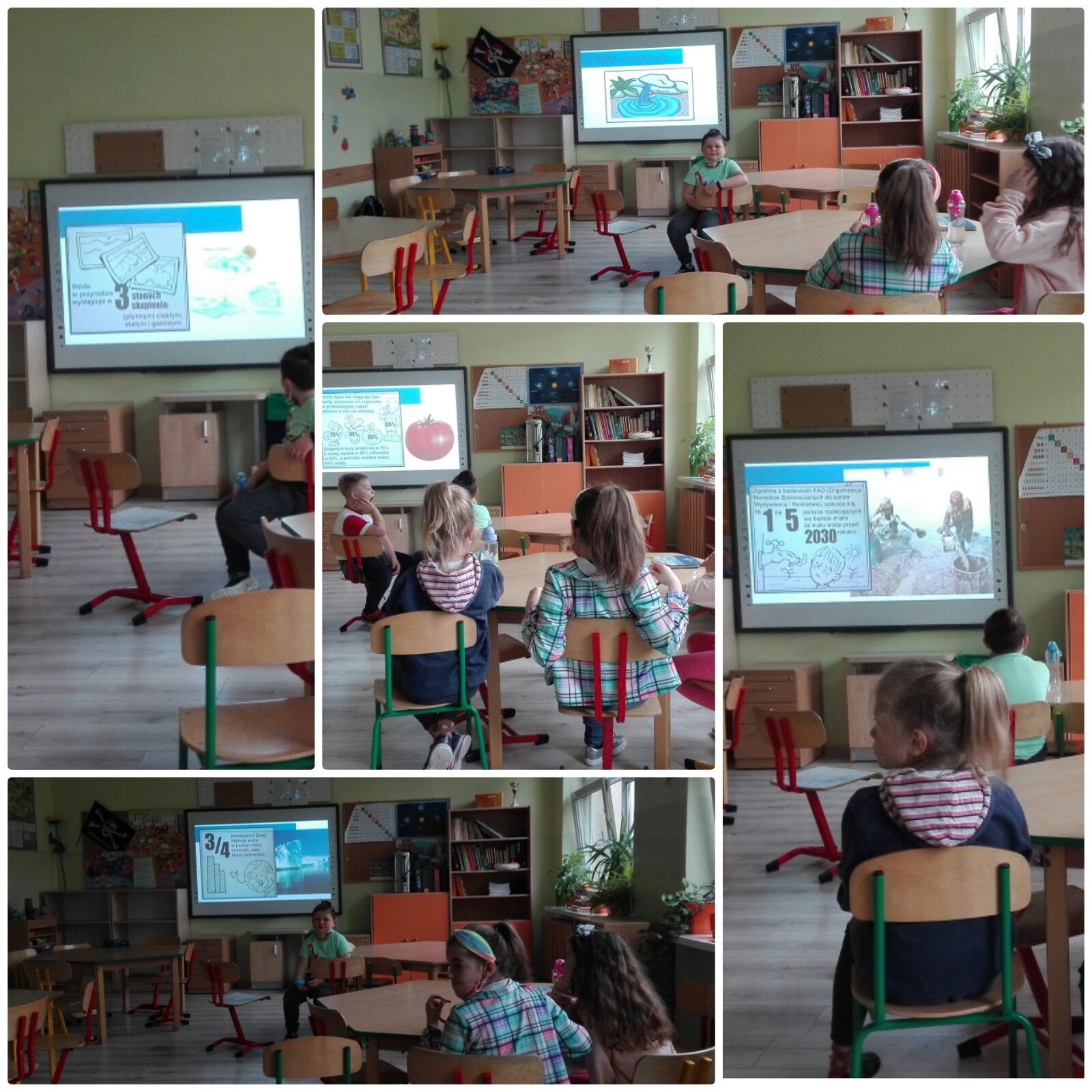 uczniowie w klasie oglądają prezentację na tablicy multimedialnej