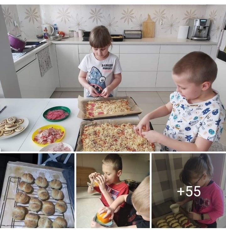 Uczniowie w swoich domach przygotowują posiłki dla swoich mam - bułeczki, pizza