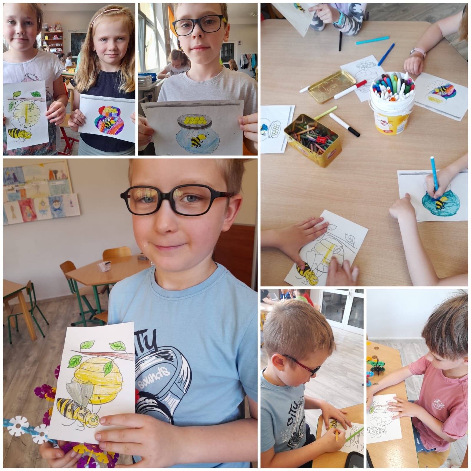 Dzieci przygotowują kolorowe malowanki związane z pszczołami