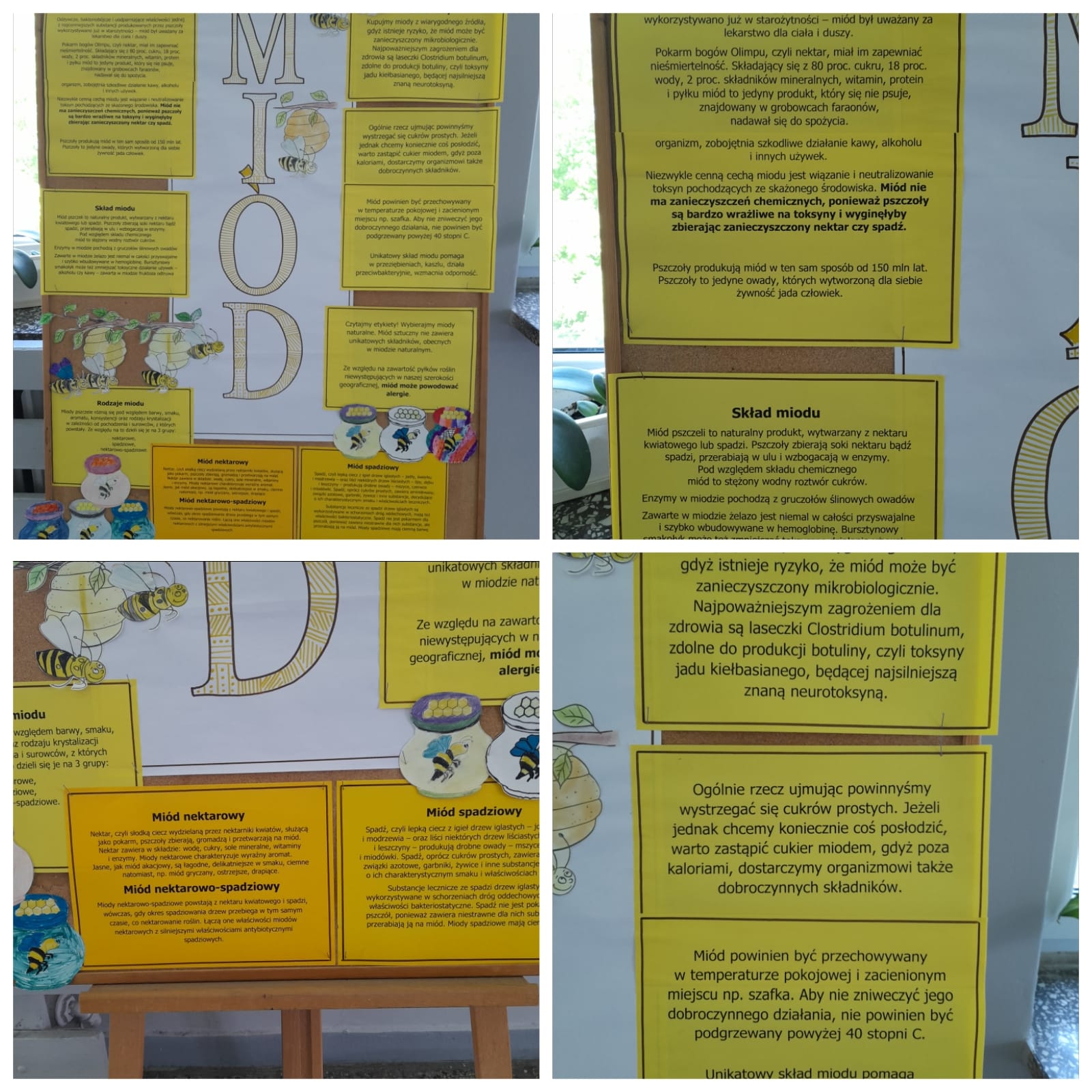 przygotowany przez uczniów plakat informacyjnym w zaletach miodu - duża tablica z żółtymi kartkami, kolorowe pszczoły i dzbanki z miodem