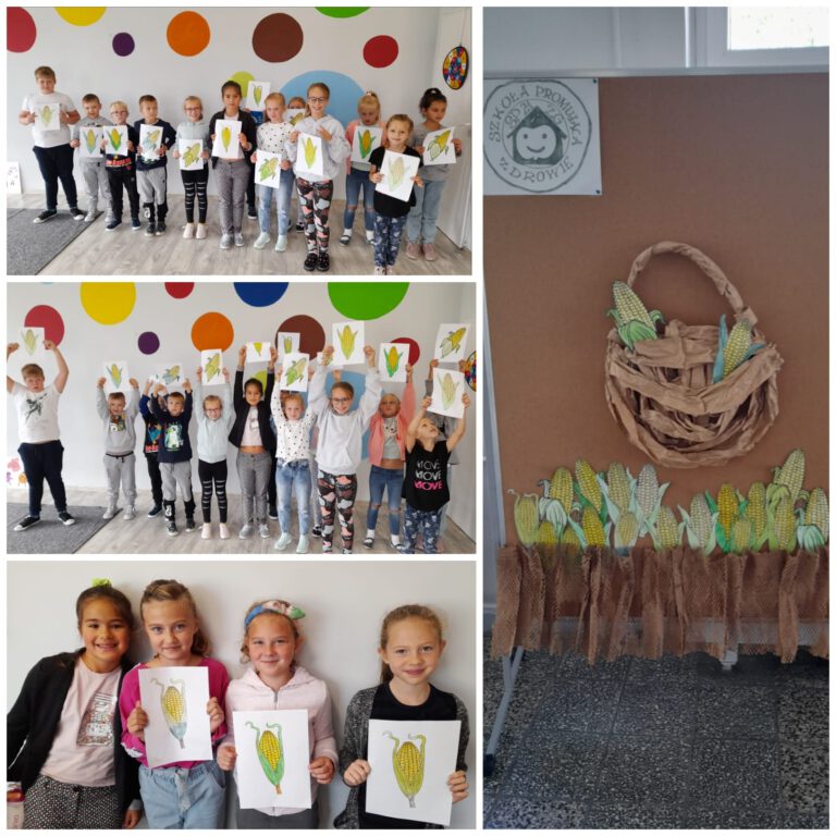 Dzieci prezentują swoje prace plastyczne - rysunki kukurydzy