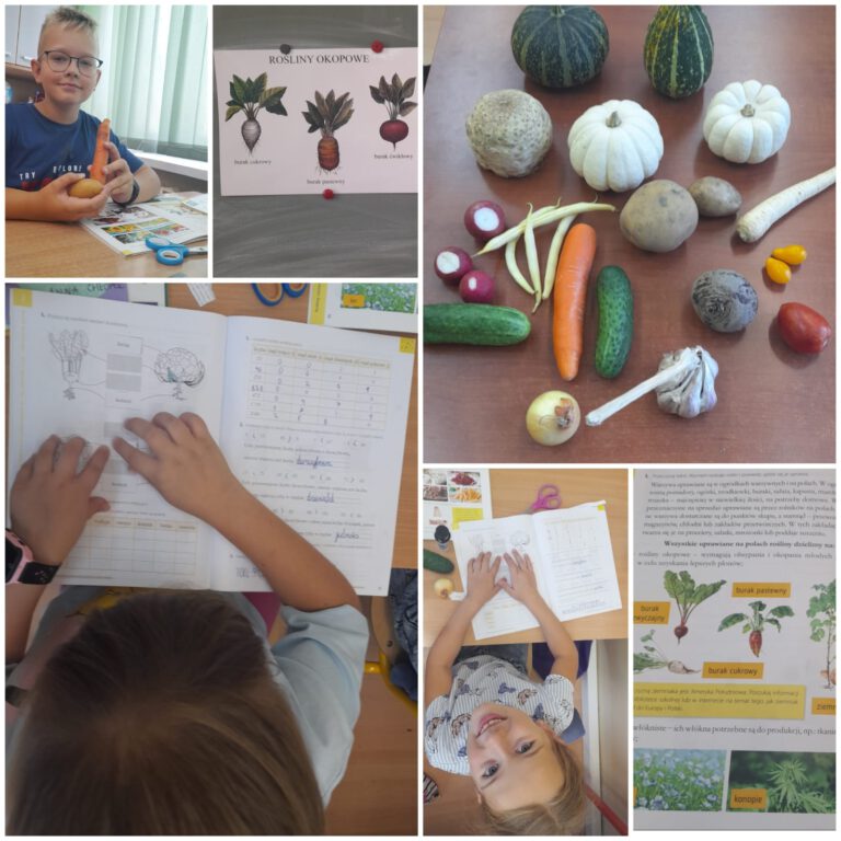uczniowie uczą się z książek na temat warzyw