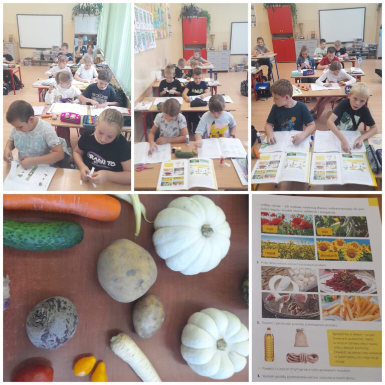 uczniowie uczą się z książek na temat warzyw