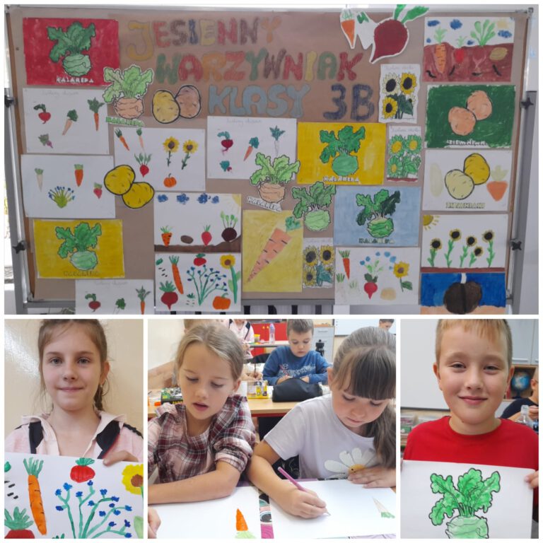 uczniowie w klasie rysują i kolorują na kartkach warzywa, buraki, ziemniaki, marchewki itp; tablica z pracami uczniów