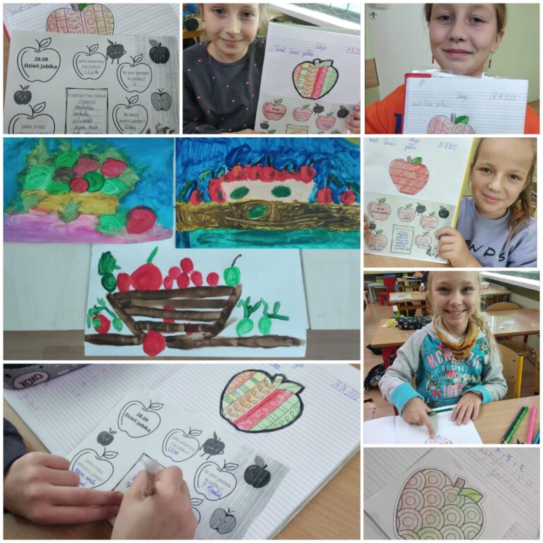 uczniowie rysują jabłka z swoich zeszytach
