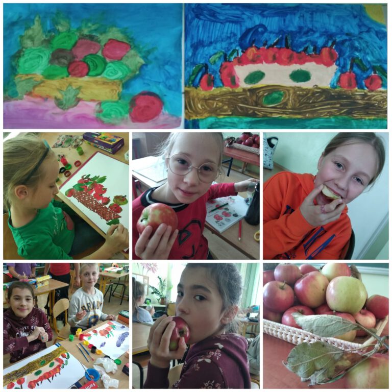 uczniowie rysują jabłka i jedzą jabłka