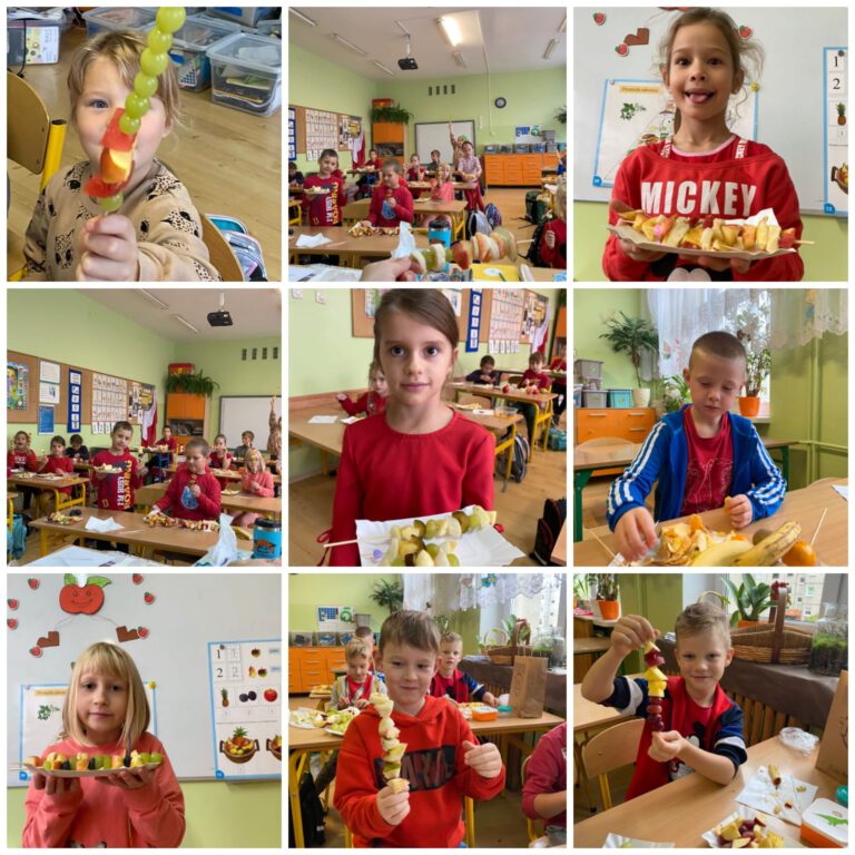 Dziewczynki i chłopcy przygotowują i pokazują szaszłyki z owoców, jabłek, bananów, gruszek