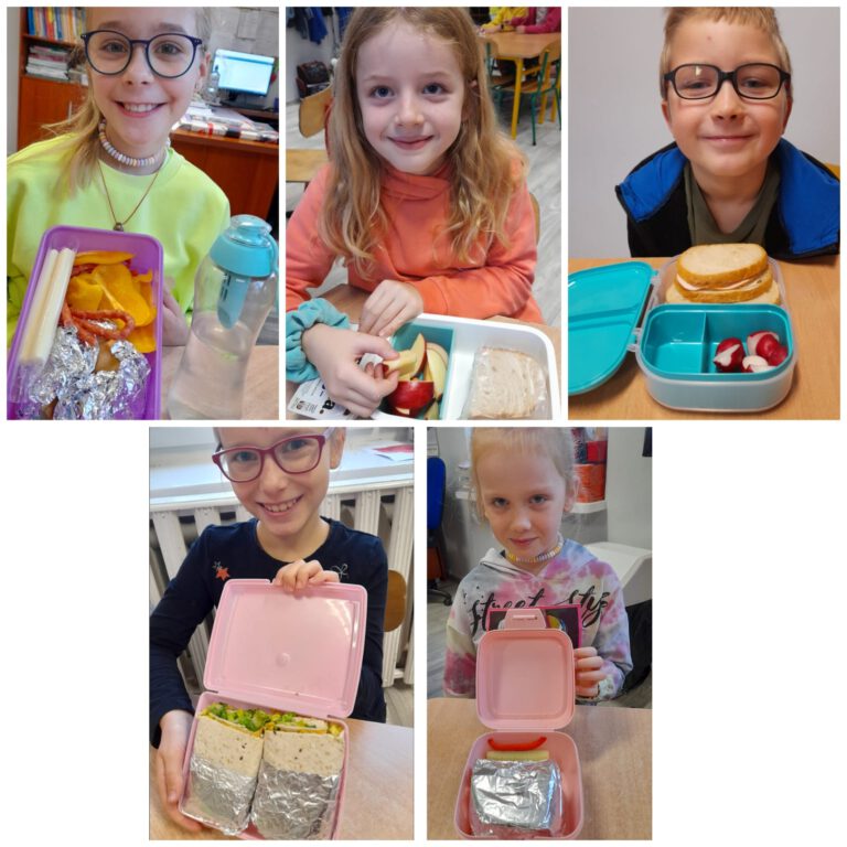 uczniowie pokazują swoje śniadaniówki - zrobione ze zdrowych produktów, warzyw i owoców