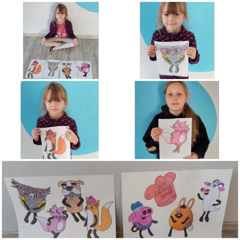 Dziewczynki pokazują swoje prace: pokolorowane zwierzęta: lista, sowę i świnkę