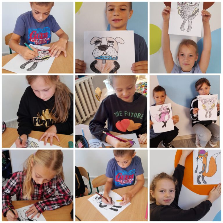 uczniowie kolorują rysunki zwierząt; dzieci pokazują swoje prace: pokolorowane zwierzęta: lista, sowę i świnkę