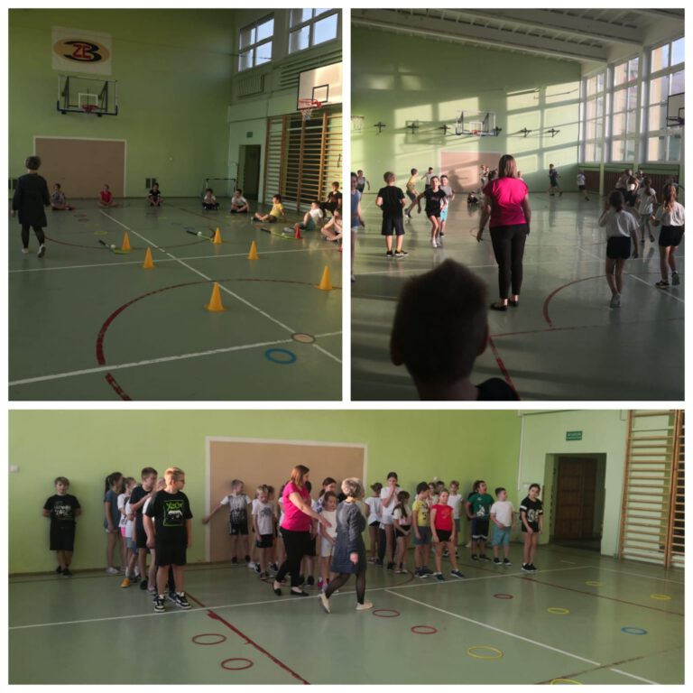 Uczniowie grają w gry zespołowe na sali gimnastycznej, ćwiczą elementy hokeja