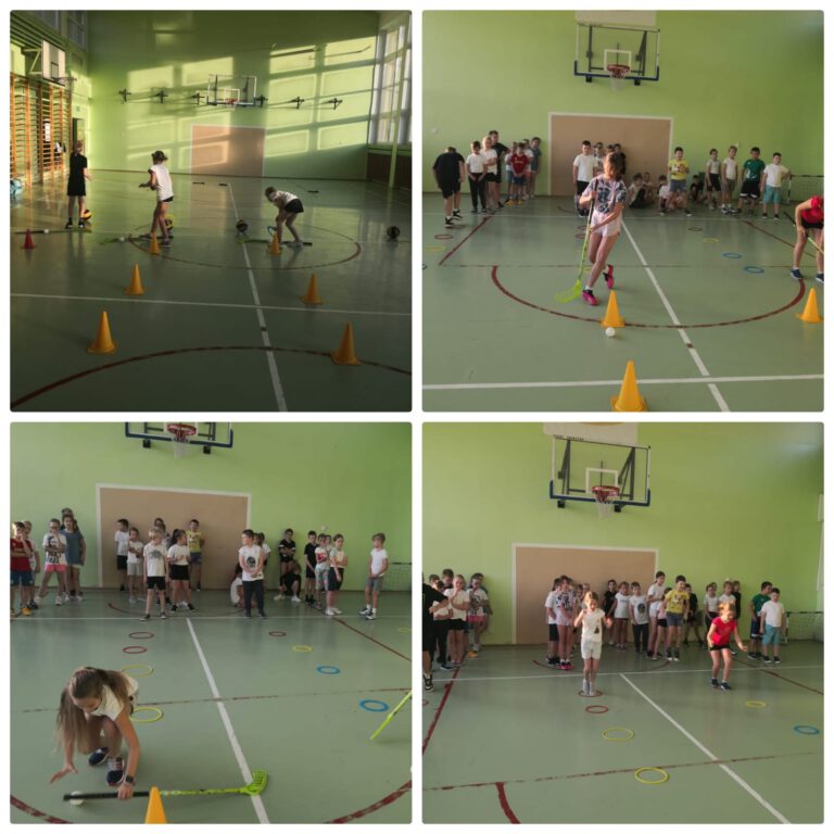 Uczniowie grają w gry zespołowe na sali gimnastycznej, ćwiczą elementy hokeja