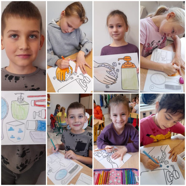 Dzieci rysują i pokazują swoje prace plastyczne