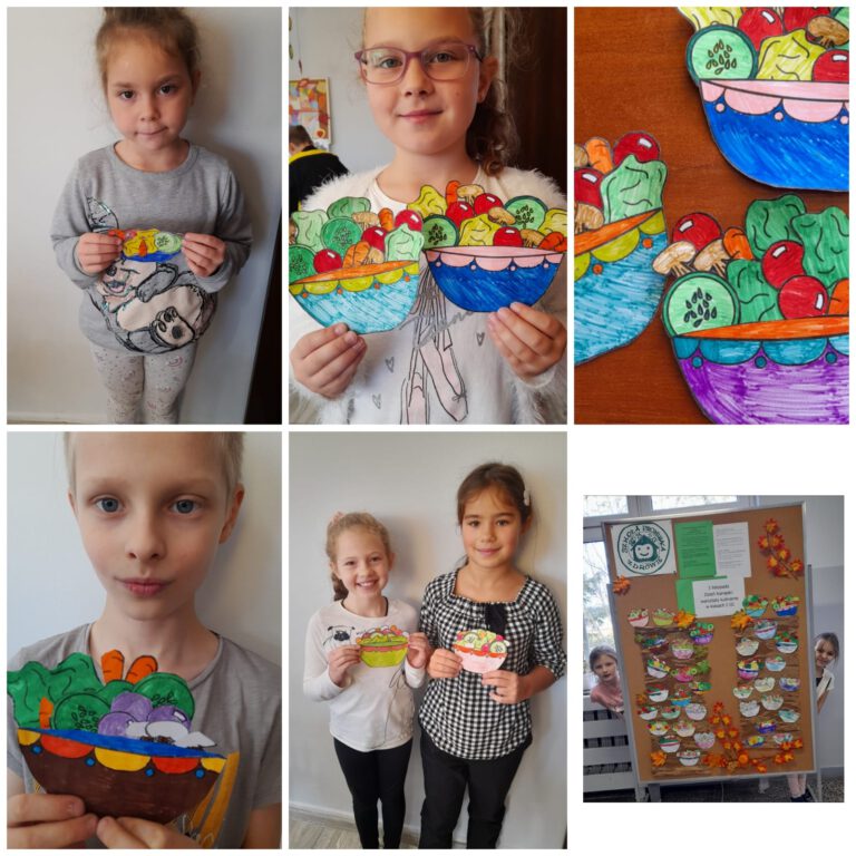 dzieci pokazują swoje prace plastyczne związane ze zdrowym odżywianiem - kolorują owoce i warzywa
