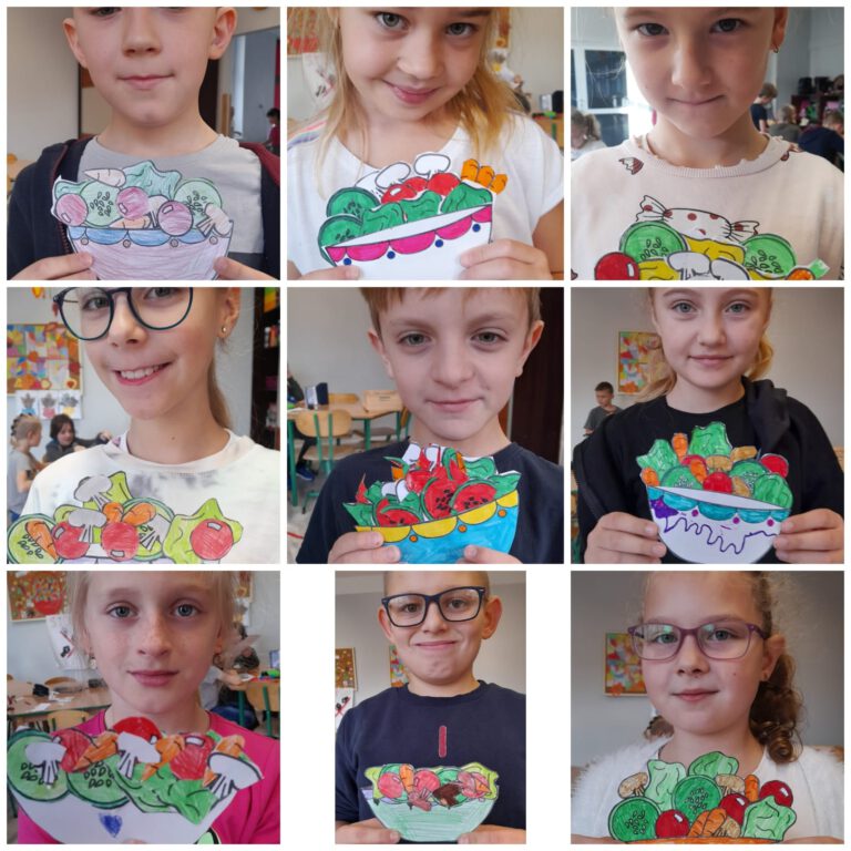 dzieci pokazują swoje prace plastyczne związane ze zdrowym odżywianiem - kolorują owoce i warzywa
