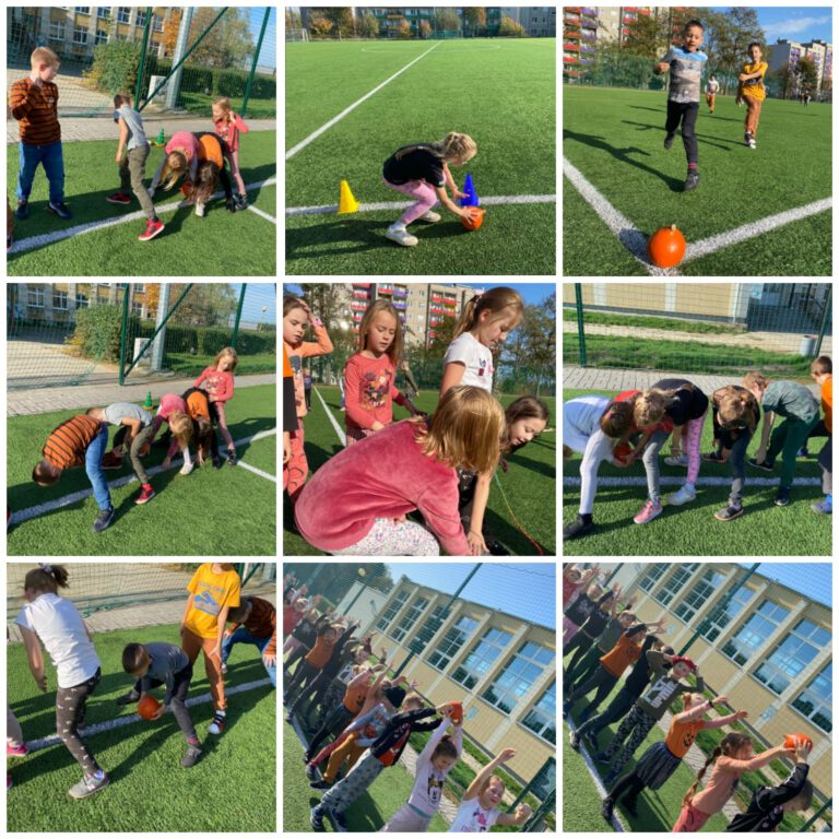 ćwiczenia z wykorzystaniem dyni uczniów na boisku szkolnym
