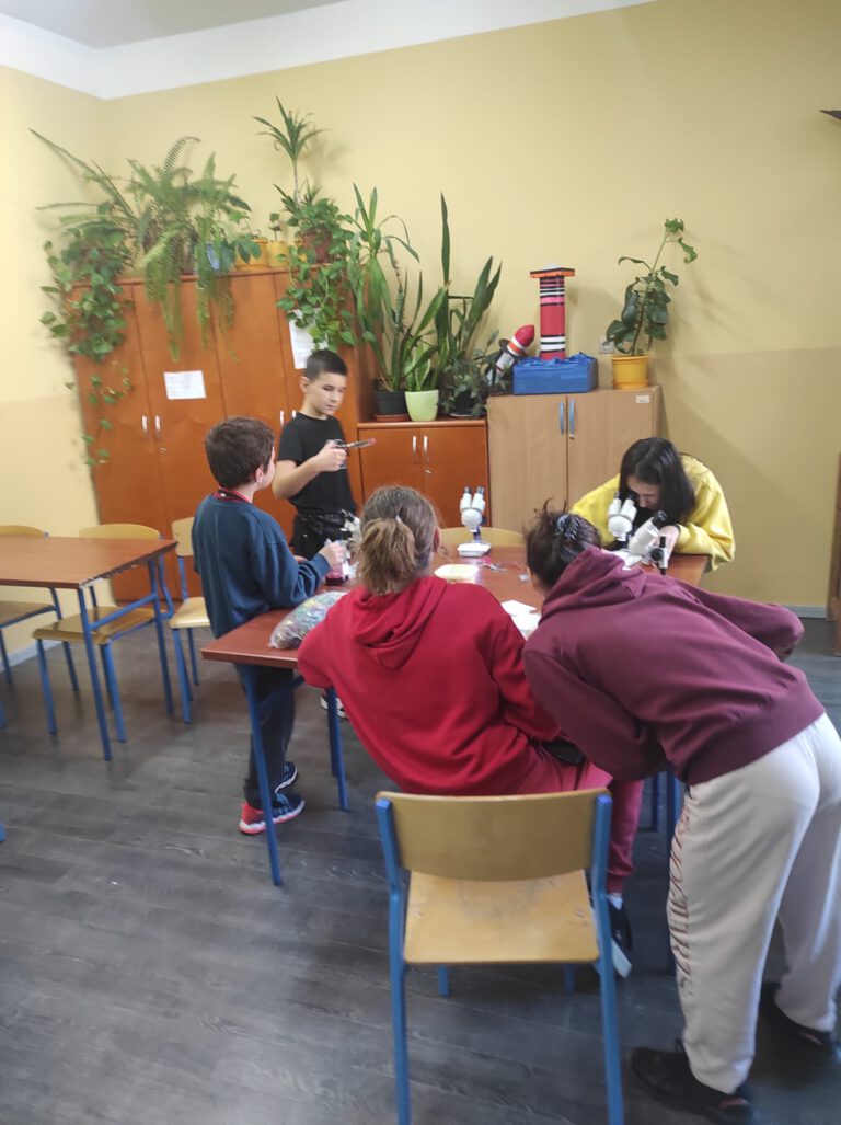 Grupa uczniów w sali lekcyjnej prowadzą obserwacje za pomocą lup streoskopowych