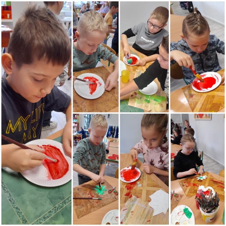 uczniowie tworzą kolorowe pomidory wykonane z papieru