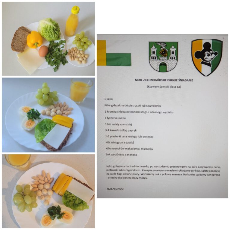 Praca konkursowa - posiłek przygotowany z zielonych, złotych i białych produktów, warzyw, jaj, serów itp
