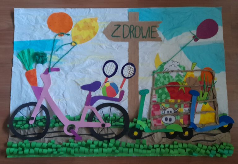 kolorowa praca plastyczna wykonana przez uczennicę, rower, znak z napisem zdrowie, koszyk owoców i warzyw, hulajnogi