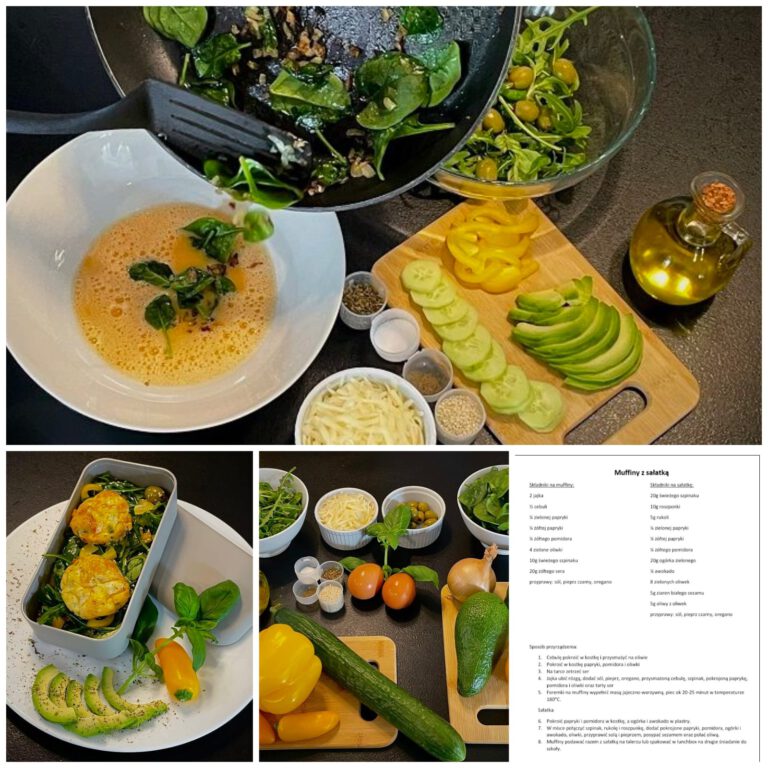 Praca konkursowa - posiłek przygotowany z zielonych, złotych i białych produktów, warzyw, jaj, serów itp