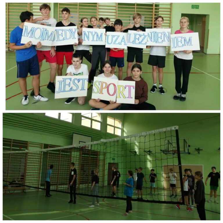 uczniowie w sali gimnastycznej stoją z dużymi plakatami, które układają się w napis: moim jedynym uzależnieniem jest sport