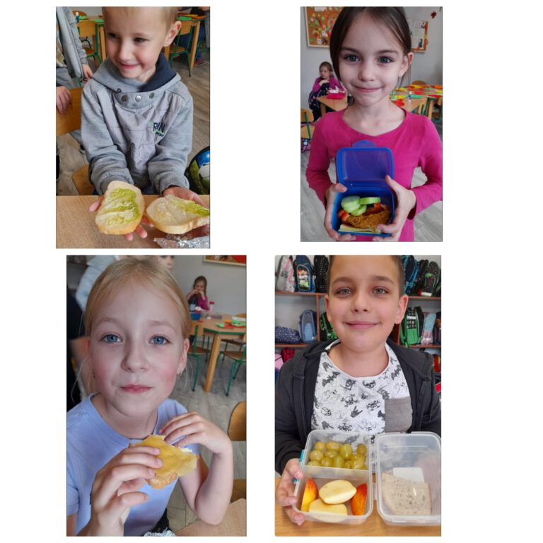 Dzieci prezentują i jedzą swoje kolorowe śniadania przyrządzone z różnych warzyw i owoców np. maliny, mandarynki, pomidorki i marchewki