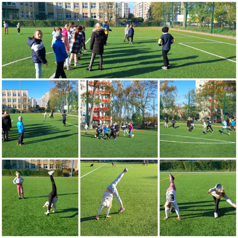 Uczniowie ćwiczący na szkolnym boisku