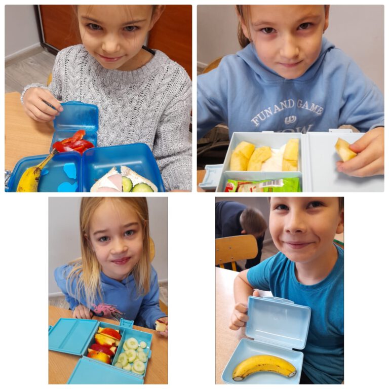 Dzieci prezentują i jedzą swoje kolorowe śniadania przyrządzone z różnych warzyw i owoców np. maliny, mandarynki, pomidorki i marchewki