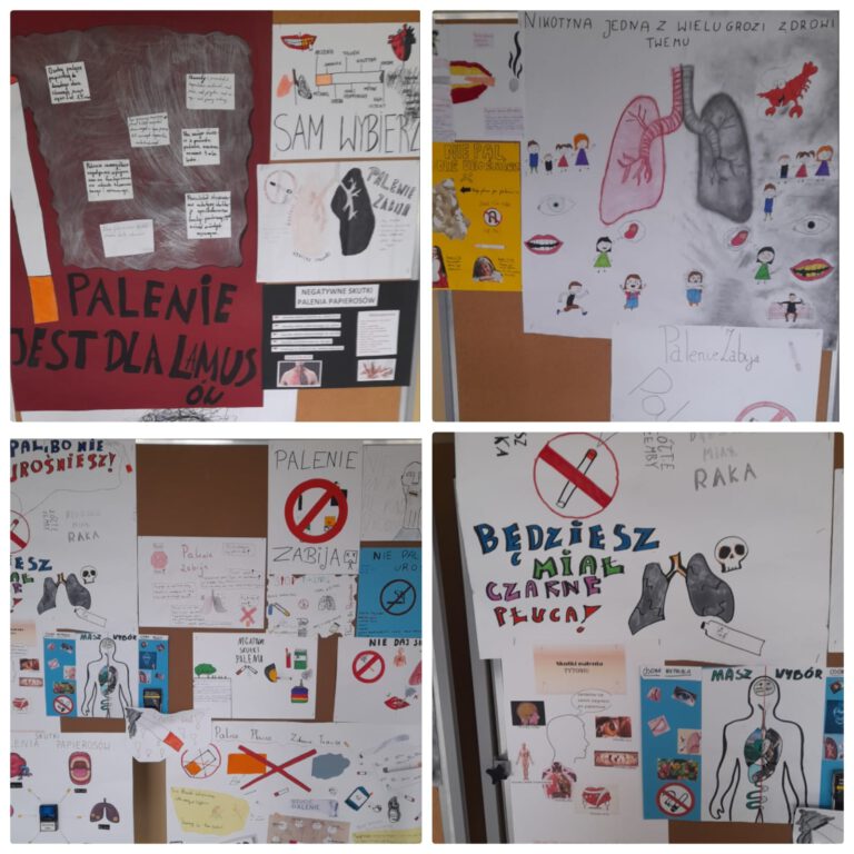 tablica informacyjna z plakatami o szkodliwości palenia wykonanymi przez uczniów