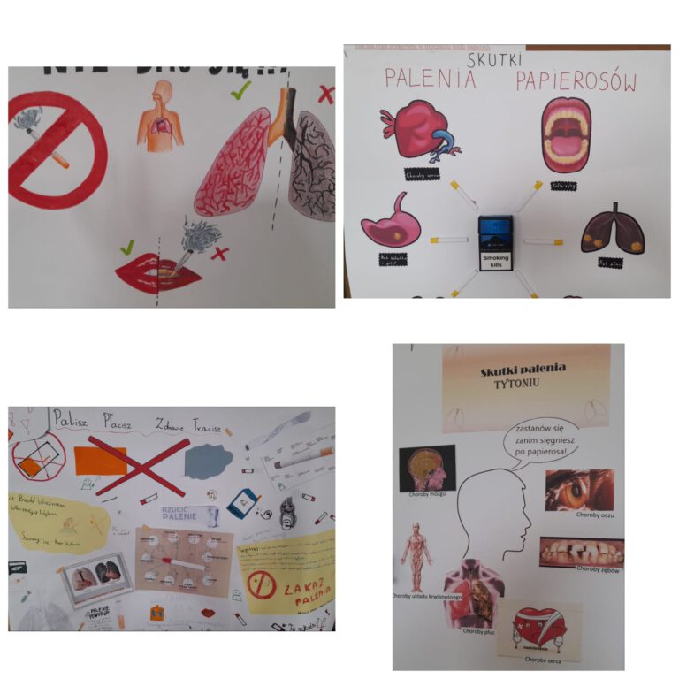 Plakaty o szkodliwości palenia wykonane przez uczniów, z hasłami Palenie zabija, stop paleniu itp
