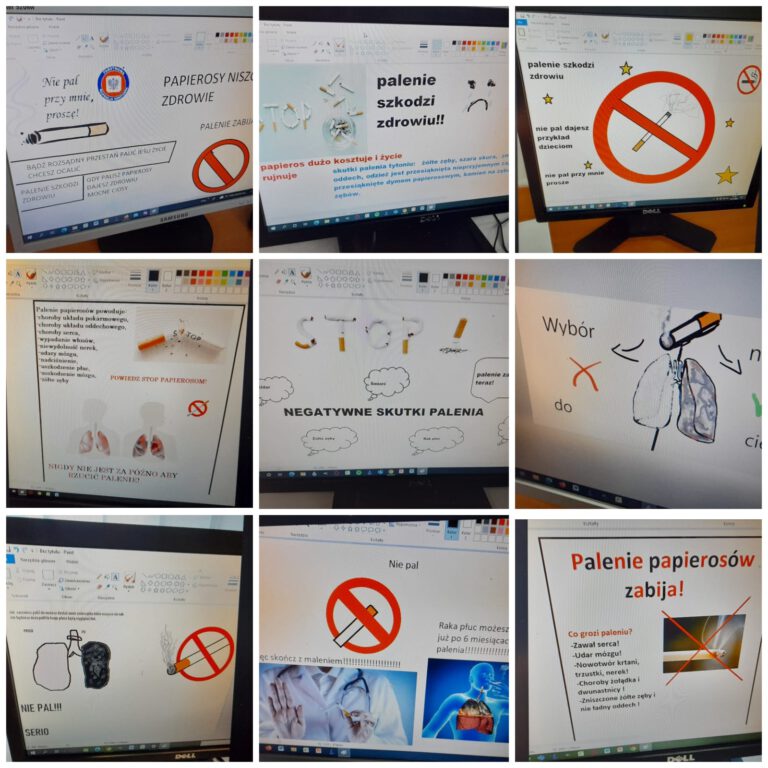 ekrany monitorów komputerowych z grafikami uczniów na temat szkodliwości palenia