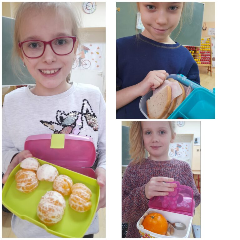 uczniowie, chłopcy i dziewczynki prezentują swoje zdrowe śniadaniówki - posiłki wykonane z warzyw i owoców i zdrowego pieczywa